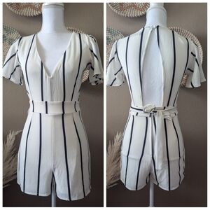 Black & White Open Back Waist Tie Romper